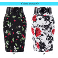 Kate Kasin Mulheres Shirred Detalhe Flor Padrão Cotton Lápis Skirt com cinto largo KK000610-2